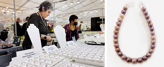 Figure 2. Left: “Edison” pearls were available in large sizes and attractive colors. Photo by Si Athena Chen; courtesy of A&B Jewelry. Right: A strand of “Edison” pearls of various colors, in sizes from 14 to 16 mm. Photo by Mimi Travis; courtesy of Yen’s Jewelry & Accessories. Figure 2. Left: “Edison” pearls were available in large sizes and attractive colors. Photo by Si Athena Chen; courtesy of A&B Jewelry. Right: A strand of “Edison” pearls of various colors, in sizes from 14 to 16 mm. Photo by Mimi Travis; courtesy of Yen’s Jewelry & Accessories.