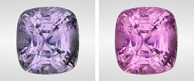 Side-by-side images of a cushion cut sapphire. The left shows a grayish violet color and the right a purple-pink color. Side-by-side images of a cushion cut sapphire. The left shows a grayish violet color and the right a purple-pink color.