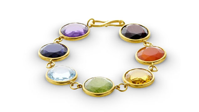 An 18K yellow gold “Gold Rush” bracelet features garnet, carnelian, citrine, tourmaline, blue topaz, iolite and amethyst. Photo by Sandra Stampfli, courtesy Bahina Jewels An 18K yellow gold “Gold Rush” bracelet features garnet, carnelian, citrine, tourmaline, blue topaz, iolite and amethyst. Photo by Sandra Stampfli, courtesy Bahina Jewels