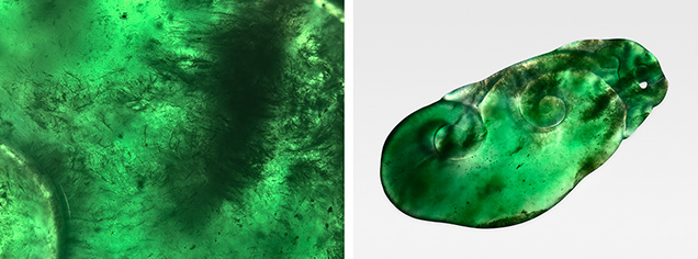Figure 2. Left: Fibrous inclusions observed in the 12.85 ct carved sample; field of view 8.94 mm. Right: The carved sample appeared bright green rather than blackish green under transmitted light. Photos by Shilong Xu. Figure 2. Left: Fibrous inclusions observed in the 12.85 ct carved sample; field of view 8.94 mm. Right: The carved sample appeared bright green rather than blackish green under transmitted light. Photos by Shilong Xu.