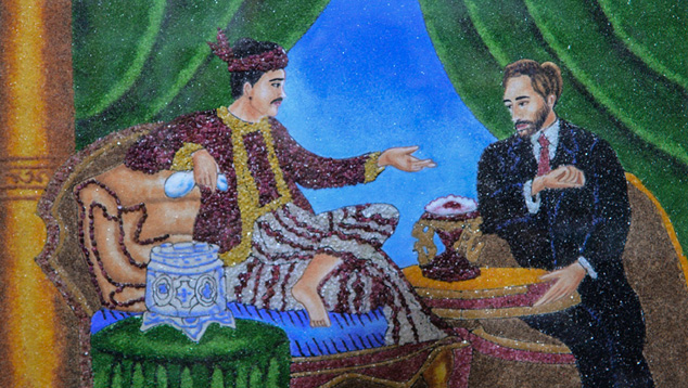 这是由摩谷人创作的一幅宝石画,画作中是约 1870 年敏东王向法国人展示 Naga Mauk 红宝石的情景。 摄影:Vincent Pardieu(文森特·帕迪乌),©GIA。 这是由摩谷人创作的一幅宝石画,画作中是约 1870 年敏东王向法国人展示 Naga Mauk 红宝石的情景。 摄影:Vincent Pardieu(文森特·帕迪乌),©GIA。