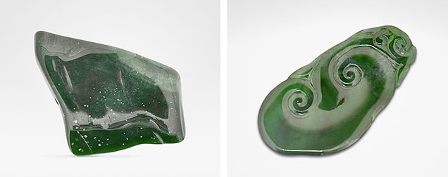 Figure 1. Yongchuliao samples collected for testing. The rough sample on the left weighs 30.1 ct, and the carving on the right weighs 12.85 ct. Photos by Shilong Xu. Figure 1. Yongchuliao samples collected for testing. The rough sample on the left weighs 30.1 ct, and the carving on the right weighs 12.85 ct. Photos by Shilong Xu.
