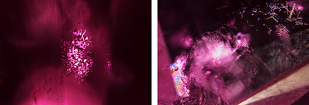 Side-by-side images of inclusions in a Montana ruby. Side-by-side images of inclusions in a Montana ruby.