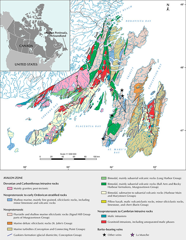 Figure 1. Geological map of the Avalon Zone showing the location of the La Manche vein system and other barite-bearing veins. Modified after Mills et al. (2021) and Colman-Sadd et al. (1990), with data from Maloney (1990). Figure 1. Geological map of the Avalon Zone showing the location of the La Manche vein system and other barite-bearing veins. Modified after Mills et al. (2021) and Colman-Sadd et al. (1990), with data from Maloney (1990).