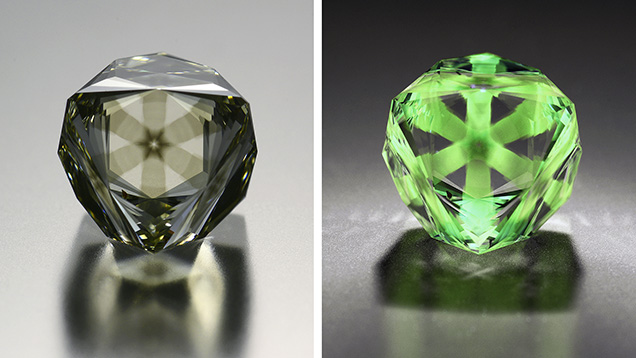 Side-by-side images of a Fancy brownish greenish yellow diamond. Left is normal light and right is under long-wave UV light. Side-by-side images of a Fancy brownish greenish yellow diamond. Left is normal light and right is under long-wave UV light.