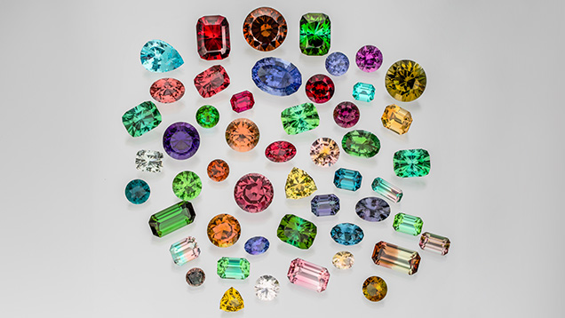 This collection of 50 tourmalines showcases the gem’s wide-ranging color palette. Photo by Robert Weldon; courtesy of Bruce A. Fry. This collection of 50 tourmalines showcases the gem’s wide-ranging color palette. Photo by Robert Weldon; courtesy of Bruce A. Fry.
