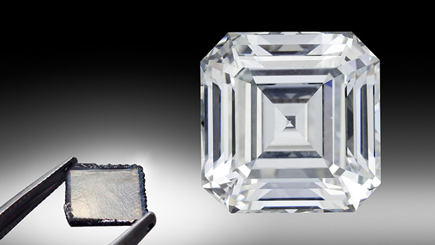 Figure 1. This 10.02 ct E-color, VS1-clarity emerald-cut diamond is an example of the great strides made in HPHT growth technology in the past two decades, as laboratory-grown diamonds have become an important sector of the gem diamond market. Photo by Johnny Leung. The as-grown CVD diamond plate (1.24 ct, 8.41 × 8.60 × 1.26 mm) was manufactured by GIA at its New Jersey research facility. Photo by Adrian Chan.