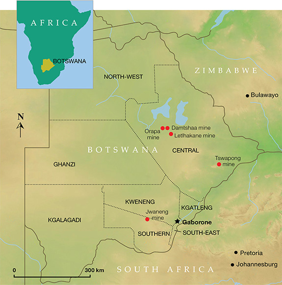 Figure 9. Map of Botswana’s diamond mines. Figure 9. Map of Botswana’s diamond mines.