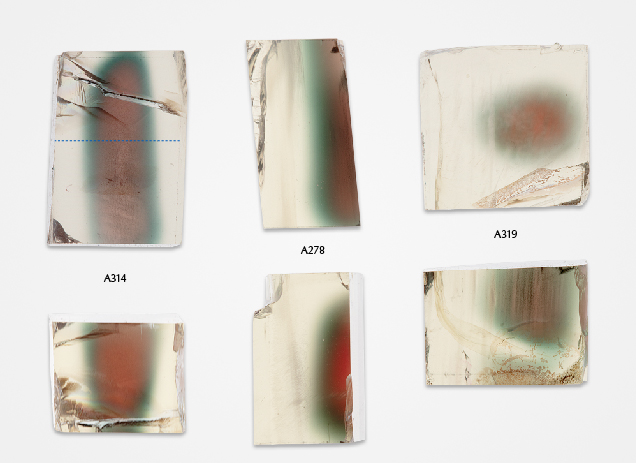 Figure 13. Three Oregon sunstone crystals show typical “watermelon” colors from two different directions. The third direction of each sample only displays a light red color with no obvious zoning and is therefore not shown in the figure. The cracks in sample A314 were accidentally created during sample preparation (which is why it did not affect the color zoning as in sample A319). The dashed line on sample A314 indicates the position of the LA-ICP-MS analysis traverse. Photos by Shiyun Jin. Figure 13. Three Oregon sunstone crystals show typical “watermelon” colors from two different directions. The third direction of each sample only displays a light red color with no obvious zoning and is therefore not shown in the figure. The cracks in sample A314 were accidentally created during sample preparation (which is why it did not affect the color zoning as in sample A319). The dashed line on sample A314 indicates the position of the LA-ICP-MS analysis traverse. Photos by Shiyun Jin.