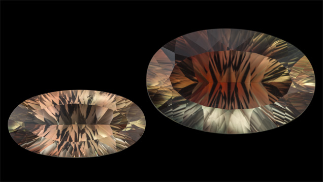 This is what Sunstone Butte is famous for: beautiful gems with a winning blend of red and green bodycolor. The larger stone is a significant 23.40 ct, while the smaller example weighs 7.50 ct. Photo by Robert Weldon. This is what Sunstone Butte is famous for: beautiful gems with a winning blend of red and green bodycolor. The larger stone is a significant 23.40 ct, while the smaller example weighs 7.50 ct. Photo by Robert Weldon.