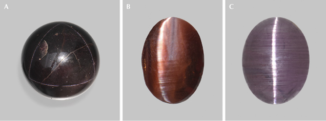 Figure 15. A: A 1,185 ct garnet sphere showing a star network of ⟨111⟩ needle inclusions (see figure 14). The star network under rotation is shown in video 2. Courtesy of GIA Museum, collection no. 4068. B: A 1.47 ct cat’s-eye almandine garnet. C: A 9.39 ct cat’s-eye spinel from Sri Lanka; courtesy of John I. Koivula. Photos by Emily Lane (A) and Annie Haynes (B and C). Figure 15. A: A 1,185 ct garnet sphere showing a star network of ⟨111⟩ needle inclusions (see figure 14). The star network under rotation is shown in video 2. Courtesy of GIA Museum, collection no. 4068. B: A 1.47 ct cat’s-eye almandine garnet. C: A 9.39 ct cat’s-eye spinel from Sri Lanka; courtesy of John I. Koivula. Photos by Emily Lane (A) and Annie Haynes (B and C).