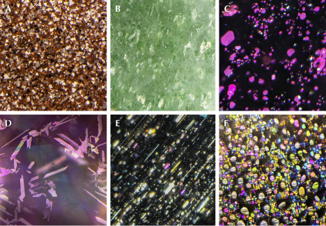 Figure 20. A: Triangular copper particles in goldstone glass. B: Glitters of fuchsite (Cr-muscovite) in aventurine quartz (quartzite). C: Flaky covellite (CuS) inclusions in a quartz crystal showing magenta color under reflected lighting. D: Flaky titanite (sphene) inclusions in a spinel crystal. E: Rectangular and needle inclusions in aventurescent aquamarine. F: Thin-film fluid inclusions in aquamarine. Photomicrographs by Nathan Renfro; fields of view 1.34 mm (A), 5.50 mm (B), 3.15 mm (C), 1.22 mm (D), 5.78 mm (E), and 2.36 mm (F). Courtesy of John I. Koivula. Figure 20. A: Triangular copper particles in goldstone glass. B: Glitters of fuchsite (Cr-muscovite) in aventurine quartz (quartzite). C: Flaky covellite (CuS) inclusions in a quartz crystal showing magenta color under reflected lighting. D: Flaky titanite (sphene) inclusions in a spinel crystal. E: Rectangular and needle inclusions in aventurescent aquamarine. F: Thin-film fluid inclusions in aquamarine. Photomicrographs by Nathan Renfro; fields of view 1.34 mm (A), 5.50 mm (B), 3.15 mm (C), 1.22 mm (D), 5.78 mm (E), and 2.36 mm (F). Courtesy of John I. Koivula.