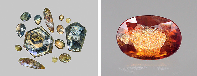 Figure 24. Left: Gold sheen sapphires from eastern Kenya (largest 97.69 ct). Photo by Lhapsin Nillapat. Right: A 4.34 ct faceted transparent orange sapphire showing a golden sheen effect. Photo by Tasnara Sripoonjan; courtesy of the Gem and Jewelry Institute of Thailand. Figure 24. Left: Gold sheen sapphires from eastern Kenya (largest 97.69 ct). Photo by Lhapsin Nillapat. Right: A 4.34 ct faceted transparent orange sapphire showing a golden sheen effect. Photo by Tasnara Sripoonjan; courtesy of the Gem and Jewelry Institute of Thailand.