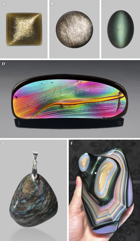 Figure 25. A: A 7.26 ct golden sheen obsidian from Mexico. B: A 6.95 ct silver sheen obsidian from Mexico. C: A 7.69 ct cat’s-eye obsidian from Mexico. D: A 54.32 ct fire obsidian fashioned by Tom Dodge. E: A 14.7 g “velvet” obsidian from Mexico. F: A rainbow obsidian showing layers with different iridescent colors. Note that only A and B are considered aventurescent due to the eye-visible reflective inclusions, whereas the sheen in C–F is not created by visually discernible structures. Photos by Annie Haynes (A–C), Robert Weldon (D), and Emily Lane (E). Courtesy of John I. Koivula (A–C) and Rocks for the Spirit (F). Figure 25. A: A 7.26 ct golden sheen obsidian from Mexico. B: A 6.95 ct silver sheen obsidian from Mexico. C: A 7.69 ct cat’s-eye obsidian from Mexico. D: A 54.32 ct fire obsidian fashioned by Tom Dodge. E: A 14.7 g “velvet” obsidian from Mexico. F: A rainbow obsidian showing layers with different iridescent colors. Note that only A and B are considered aventurescent due to the eye-visible reflective inclusions, whereas the sheen in C–F is not created by visually discernible structures. Photos by Annie Haynes (A–C), Robert Weldon (D), and Emily Lane (E). Courtesy of John I. Koivula (A–C) and Rocks for the Spirit (F).
