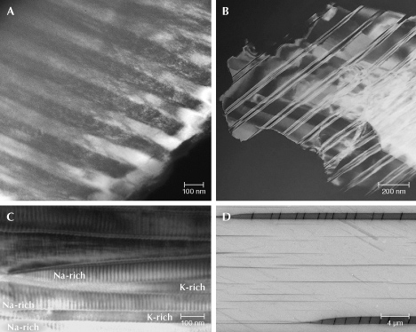 Figure 27. A: Darkfield TEM image of labradorite from Canada with blue iridescent color. B: Darkfield image of peristerite with blue iridescent color from the U.S. state of Virginia. C: Brightfield image of moonstone with greenish yellow iridescence. D: SEM image of the (010) cleavage surface of rainbow lattice sunstone from Australia. Images by Seungyeol Lee (A) and Shiyun Jin (D); images B and C courtesy of Huifang Xu. Figure 27. A: Darkfield TEM image of labradorite from Canada with blue iridescent color. B: Darkfield image of peristerite with blue iridescent color from the U.S. state of Virginia. C: Brightfield image of moonstone with greenish yellow iridescence. D: SEM image of the (010) cleavage surface of rainbow lattice sunstone from Australia. Images by Seungyeol Lee (A) and Shiyun Jin (D); images B and C courtesy of Huifang Xu.