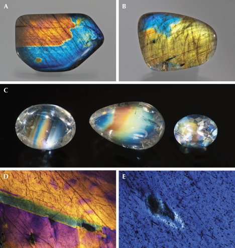 Figure 28. A and B: Labradorite from Finland (28.05 × 42.66 mm) and Madagascar (23 × 35 mm), respectively, showing iridescence close to the surface; courtesy of Black Star Trading Company. C: The iridescence of Zambian “rainbow moonstone” labradorite (largest 2.82 ct) comes from much deeper inside the stone due to its high transparency; gift of Scott Davies. D: Labradorite from Finland is heavily clouded with opaque inclusions that block light from traveling deep into the crystal, so the iridescence appears as a coating on the surface. E: Higher magnification reveals that the opaque inclusions are floating over the blue iridescence, indicating that the interference color always arises from inside the labradorite crystal. Photos by Robert Weldon (A–C) and Nathan Renfro (D and E); fields of view 18.8 mm (D) and 5.05 mm (E). Figure 28. A and B: Labradorite from Finland (28.05 × 42.66 mm) and Madagascar (23 × 35 mm), respectively, showing iridescence close to the surface; courtesy of Black Star Trading Company. C: The iridescence of Zambian “rainbow moonstone” labradorite (largest 2.82 ct) comes from much deeper inside the stone due to its high transparency; gift of Scott Davies. D: Labradorite from Finland is heavily clouded with opaque inclusions that block light from traveling deep into the crystal, so the iridescence appears as a coating on the surface. E: Higher magnification reveals that the opaque inclusions are floating over the blue iridescence, indicating that the interference color always arises from inside the labradorite crystal. Photos by Robert Weldon (A–C) and Nathan Renfro (D and E); fields of view 18.8 mm (D) and 5.05 mm (E).