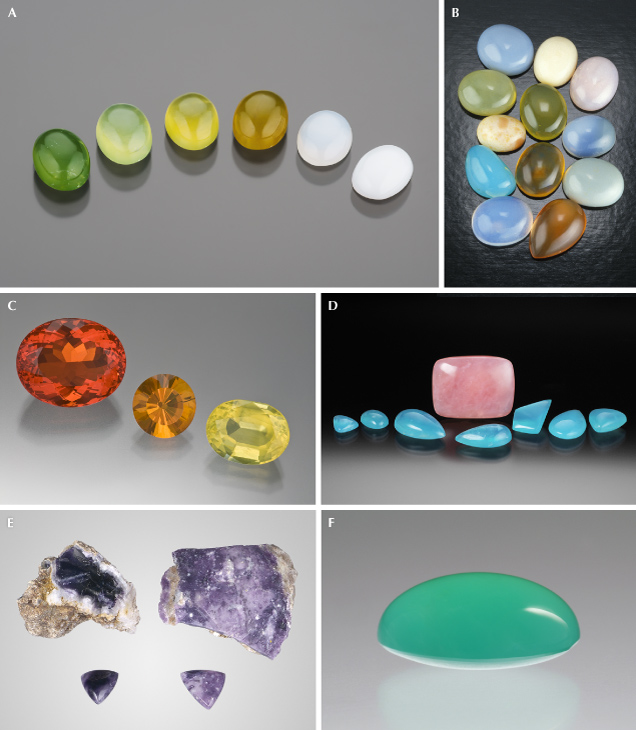 Figure 2. A: Green, yellow, brown, and white Brazilian opals; courtesy of Cody Opal. B: Mexican opals showing ranges of color and clarity. C: Faceted fire opals with red (13.51 ct, Mexico), orange (3.14 ct, Mexico), and yellow (8.80 ct, United States) colors. D: Pink and blue Peruvian opal; courtesy of Hussain Rezayee, Rare Gem Co. E: Purple Mexican opals colored by fluorite inclusions (116 and 130 g rough pieces with 13.98 and 15.24 ct cabochons). F: A 10.22 ct prase opal cabochon from Central Tanzania; gift of Lithos Africa. Photos by Robert Weldon (A, C, and D), Tino Hammid (B), and C.D. Mengason (E and F). Figure 2. A: Green, yellow, brown, and white Brazilian opals; courtesy of Cody Opal. B: Mexican opals showing ranges of color and clarity. C: Faceted fire opals with red (13.51 ct, Mexico), orange (3.14 ct, Mexico), and yellow (8.80 ct, United States) colors. D: Pink and blue Peruvian opal; courtesy of Hussain Rezayee, Rare Gem Co. E: Purple Mexican opals colored by fluorite inclusions (116 and 130 g rough pieces with 13.98 and 15.24 ct cabochons). F: A 10.22 ct prase opal cabochon from Central Tanzania; gift of Lithos Africa. Photos by Robert Weldon (A, C, and D), Tino Hammid (B), and C.D. Mengason (E and F).