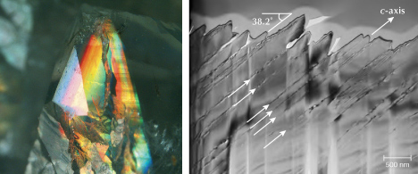 Figure 32. Left: An iridescent quartz crystal from India. Photomicrograph by Nathan Renfro; field of view 6.3 mm. Right: A TEM image showing periodic grooves on the z face of an iridescent quartz; image from Lin and Heaney (2017). Figure 32. Left: An iridescent quartz crystal from India. Photomicrograph by Nathan Renfro; field of view 6.3 mm. Right: A TEM image showing periodic grooves on the z face of an iridescent quartz; image from Lin and Heaney (2017).