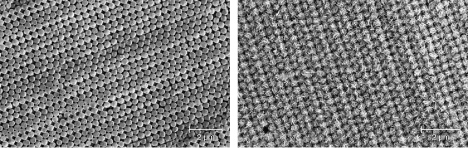 Figure 34. Left: SEM image of a precious opal-AG from California. Right: SEM image of a precious opal-CT from Mexico showing lepispheric structures. Images from Gaillou (2015). Figure 34. Left: SEM image of a precious opal-AG from California. Right: SEM image of a precious opal-CT from Mexico showing lepispheric structures. Images from Gaillou (2015).