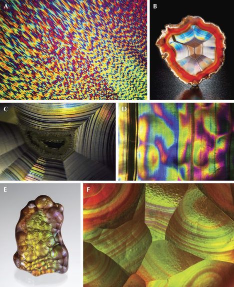 Figure 35. A: A thin section of iris agate under cross-polarized light (lambda plate inserted) showing a Runzelbänderung pattern. B: An iris agate slice from Mexico; courtesy of Si and Ann Frazier. C: Iris agate banding. D: Iris agate banding with patchy play-of-color. E: A 48.04 ct botryoidal fire agate from the U.S. state of Arizona; courtesy of Larry Woods, GIA Museum no. 37742. F: Iridescent surface of a botryoidal fire agate showing concentric patterns. Photos by Nathan Renfro (A, C, D, and F) and Robert Weldon (B and E); fields of view 32 mm (C), 15.67 mm (D), and 6.87 mm (F). Figure 35. A: A thin section of iris agate under cross-polarized light (lambda plate inserted) showing a Runzelbänderung pattern. B: An iris agate slice from Mexico; courtesy of Si and Ann Frazier. C: Iris agate banding. D: Iris agate banding with patchy play-of-color. E: A 48.04 ct botryoidal fire agate from the U.S. state of Arizona; courtesy of Larry Woods, GIA Museum no. 37742. F: Iridescent surface of a botryoidal fire agate showing concentric patterns. Photos by Nathan Renfro (A, C, D, and F) and Robert Weldon (B and E); fields of view 32 mm (C), 15.67 mm (D), and 6.87 mm (F).