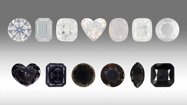 Figure 4. Faceted fancy white and fancy black diamonds with different degrees of transparency. Photos by GIA staff. Figure 4. Faceted fancy white and fancy black diamonds with different degrees of transparency. Photos by GIA staff.