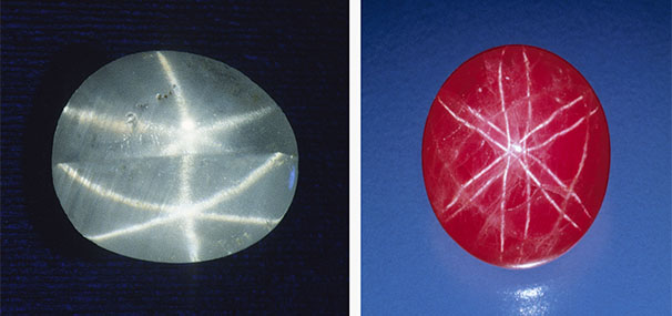 Figure D-2. Sapphire (left, 0.87 ct) and ruby (right, 8.19 ct) with double stars due to twinning. Note that the star sapphire contains only two twin domains, whereas the star ruby is polysynthetically twinned with microscopic twin domains. Photos by Robert Weldon (left) and Shane McClure (right). Figure D-2. Sapphire (left, 0.87 ct) and ruby (right, 8.19 ct) with double stars due to twinning. Note that the star sapphire contains only two twin domains, whereas the star ruby is polysynthetically twinned with microscopic twin domains. Photos by Robert Weldon (left) and Shane McClure (right).