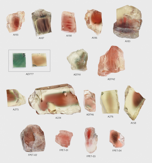 Figure 8. Natural labradorite sunstones from different localities in Oregon and Ethiopia (1.73–4.15 ct). Row 1 (top): Ponderosa mine, Oregon. Row 2: Sunstone Butte mine, Oregon. Row 3: Dust Devil mine, Oregon. Row 4 (bottom): Ethiopia. The corresponding GIA or Gübelin Gem Lab sample number is marked in the figure. Two polarization directions were imaged for AD777. Photo by Qingchao Zhou. Figure 8. Natural labradorite sunstones from different localities in Oregon and Ethiopia (1.73–4.15 ct). Row 1 (top): Ponderosa mine, Oregon. Row 2: Sunstone Butte mine, Oregon. Row 3: Dust Devil mine, Oregon. Row 4 (bottom): Ethiopia. The corresponding GIA or Gübelin Gem Lab sample number is marked in the figure. Two polarization directions were imaged for AD777. Photo by Qingchao Zhou.